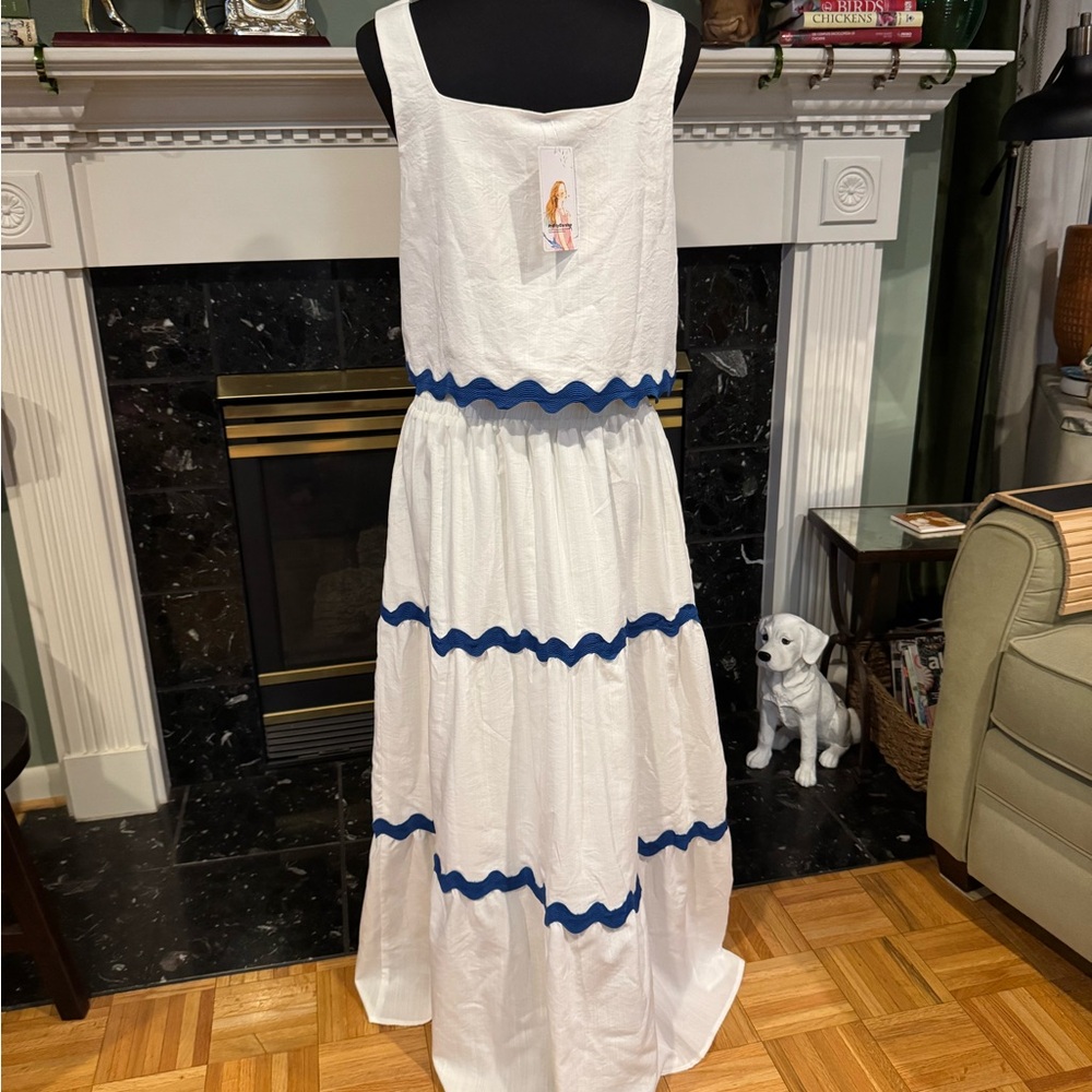 White Maxi Dress with Blue Accents